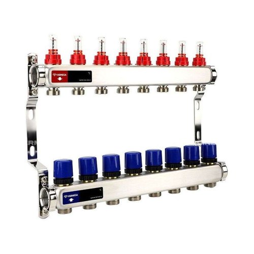 Группа коллекторная с расх. VARMEGA VM15108 ВР 1, под 130 насос, на 8 конт. 3/4 EK, нерж. сталь