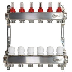 STEELSUN 1"x3/4"x10 Коллекторная группа с расходомерами, нерж. сталь, с кронштейнами, под сервоприводы М30х1,5, SLA4739
