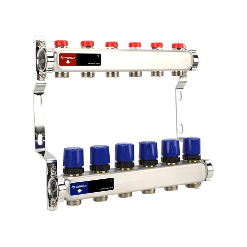 Группа коллекторная для отопления VARMEGA VM15506 ВР 1, на 6 контуров 3/4 EK, нерж. сталь